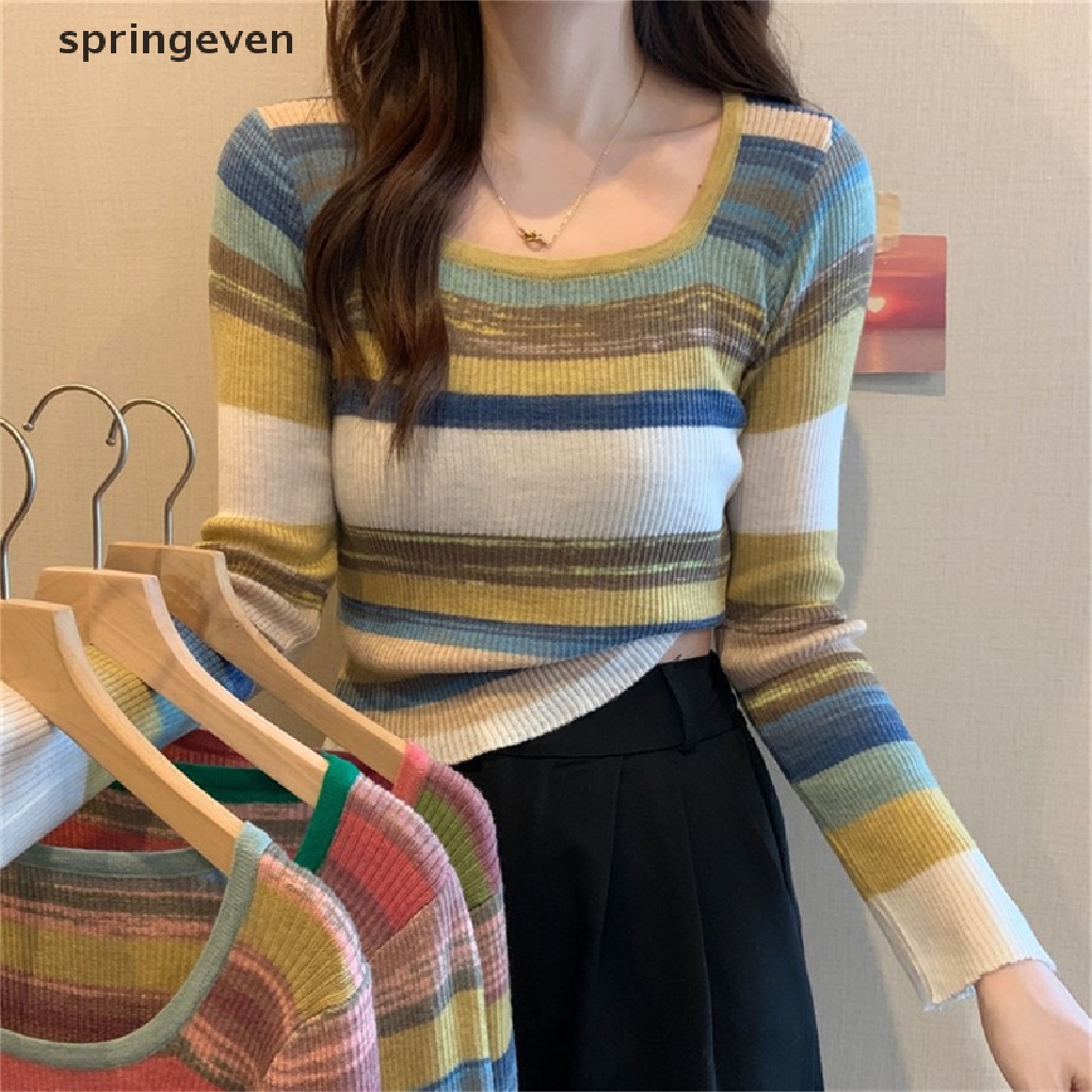 Áo Sweater Dệt Kim Tay Dài Cổ Vuông Họa Tiết Kẻ Sọc Nhiều Màu Sắc Thời Trang Cho Nữ