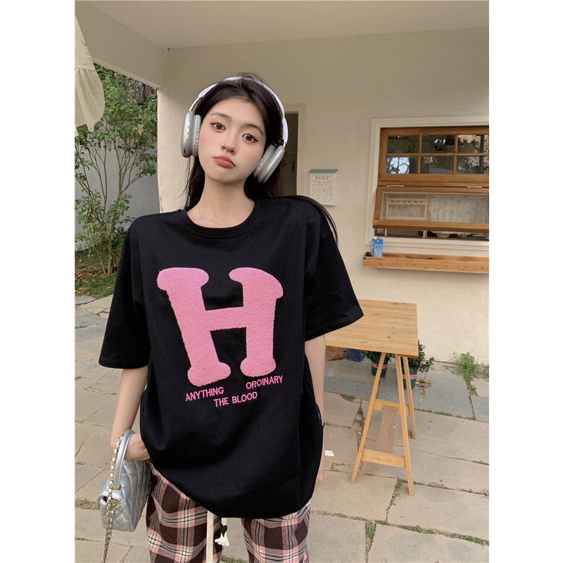 Áo Thun Ngắn Tay Dáng Rộng Thêu Chữ Phong Cách Hàn Quốc Thời Trang Mùa Hè Dành Cho Nữ