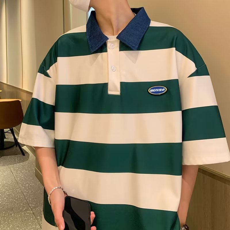 Áo Thun Polo Ngắn Tay Form Rộng Họa Tiết Kẻ Sọc Màu Sắc Tương Phản Phong Cách Nhật Bản Cho Nam