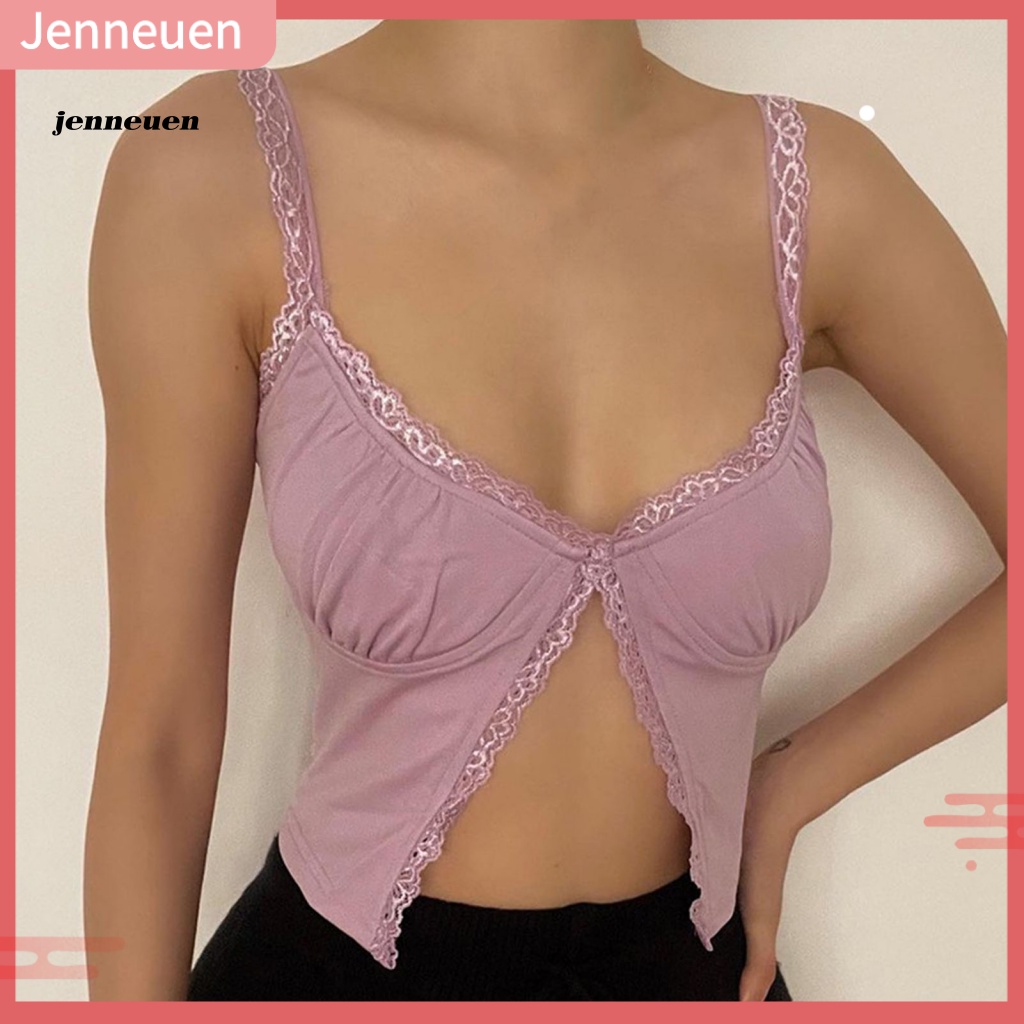 Áo Croptop Hai Dây Cổ Thấp Xẻ Tà Trước Phối Ren Gợi Cảm Cho Nữ
