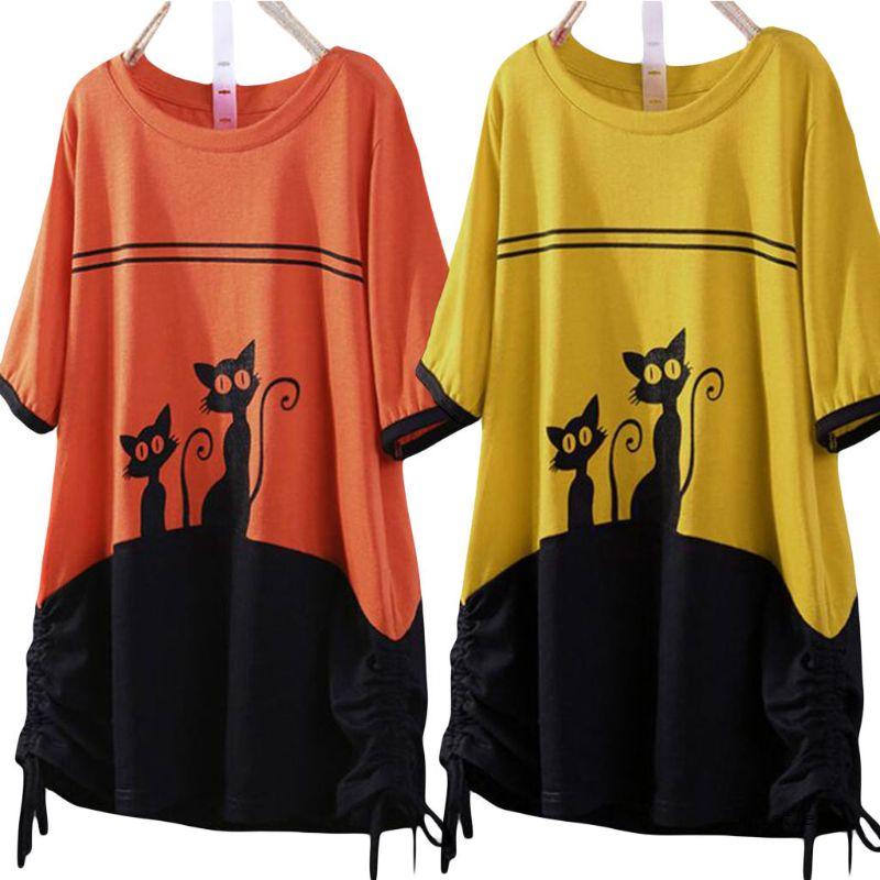 Áo Thun Nữ Ngắn Tay In Hình Mèo Vui Nhộn