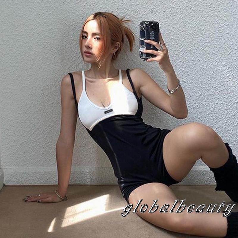 Bộ Áo Liền Quần Hai Dây Màu Sắc Tương Phản Thời Trang Mùa Hè Cho Nữ