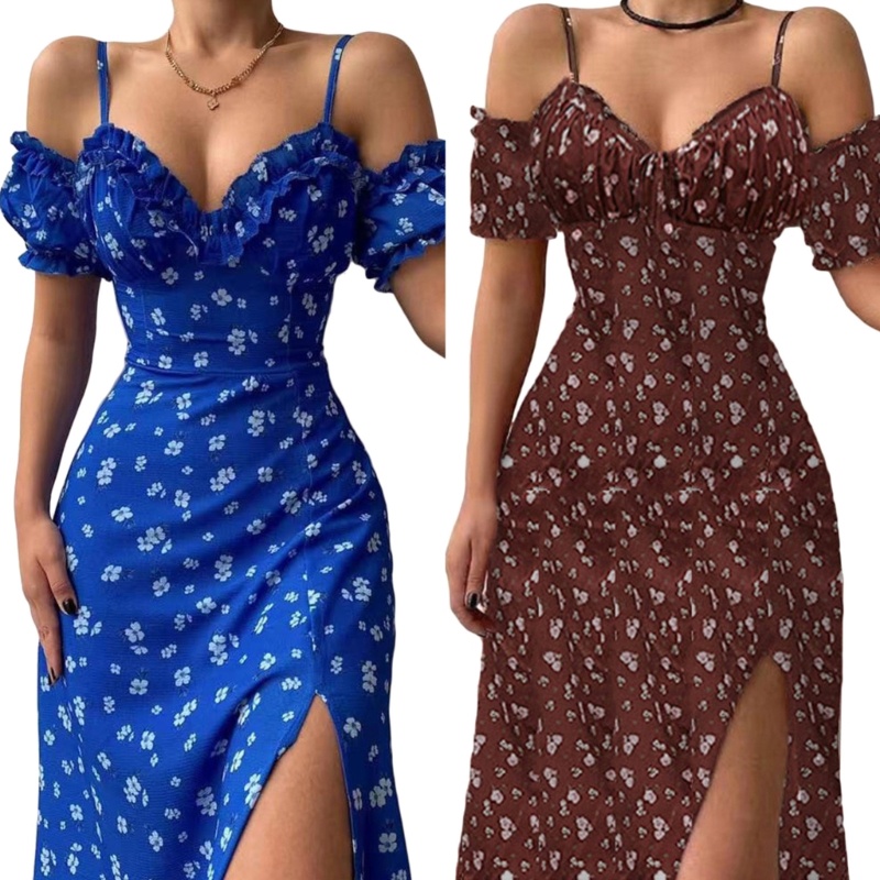 Đầm Hai Dây Hở Vai In Hoa Xẻ Tà Thời Trang Mùa Hè Cho Nữ