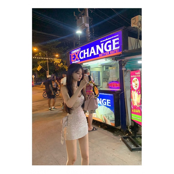 Sattered Galaxy Đầm Ngắn Ôm Hông Thắt Nơ Đính Kim Sa Màu Trơn Phong Cách Desire Công Nghiệp Nặng Cho Nữ