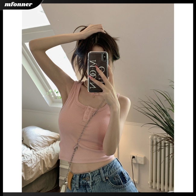 Áo Croptop Dệt Kim Không Tay Cổ Chữ U Màu Sắc Đơn Giản Cho Nữ