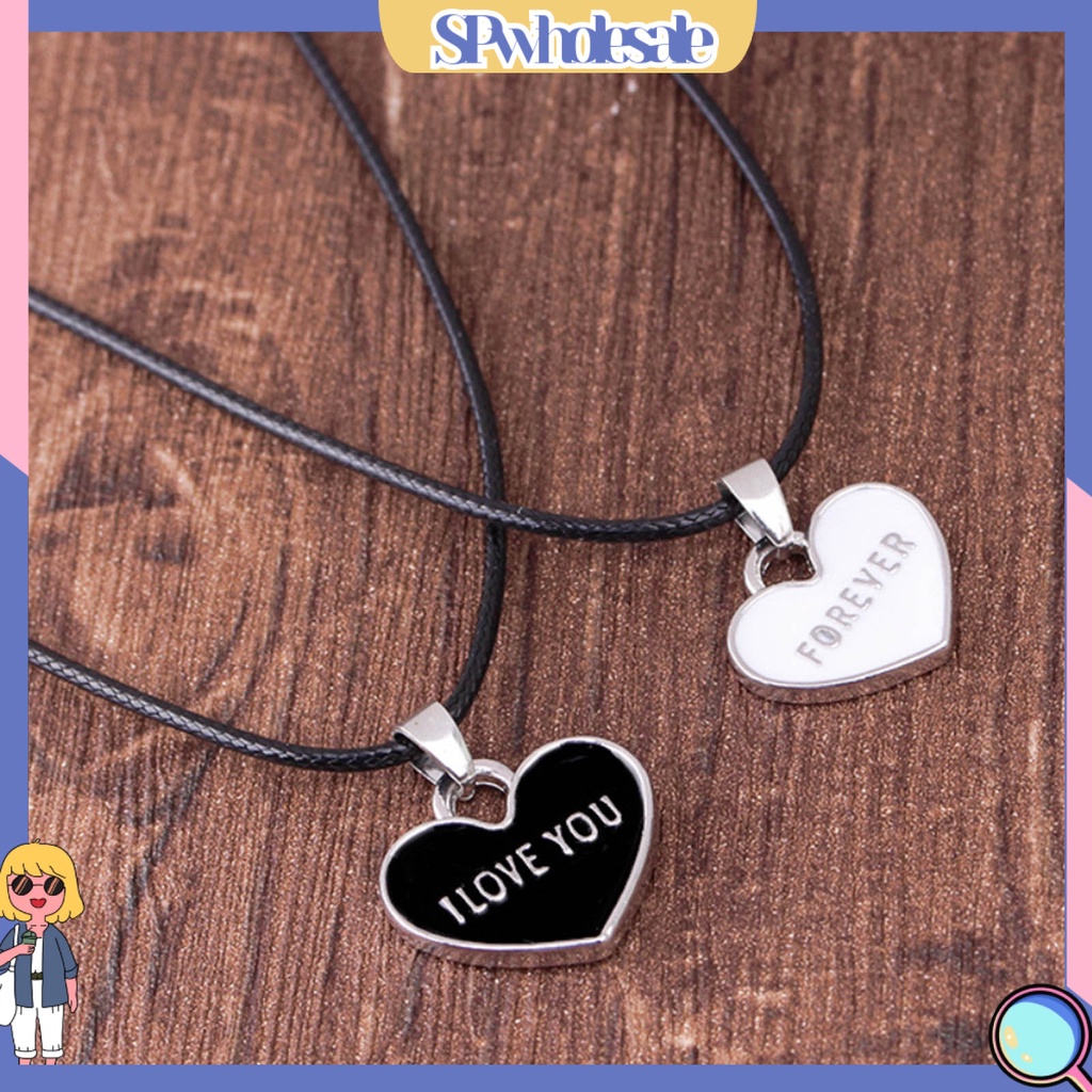 <SPwholesale> 1 Cặp Vòng cổ Mặt Trái Tim Màu Trắng Đen In Chữ I Love You Forever Dành Cho Cặp Đôi
