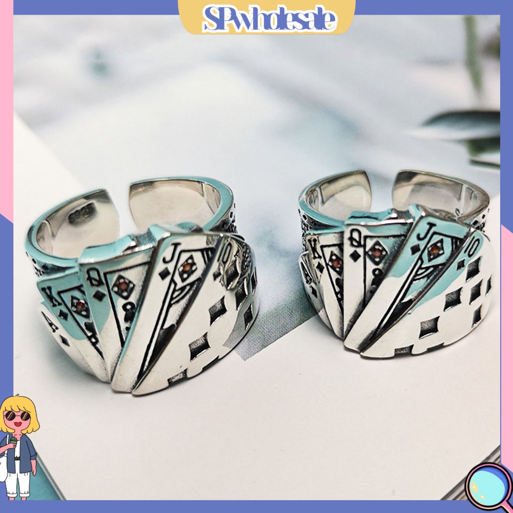 <SPwholesale> Nhẫn Hở Mạ Bạc Khắc Hình Lá Bài Poker Có Thể Điều Chỉnh Kích Cỡ