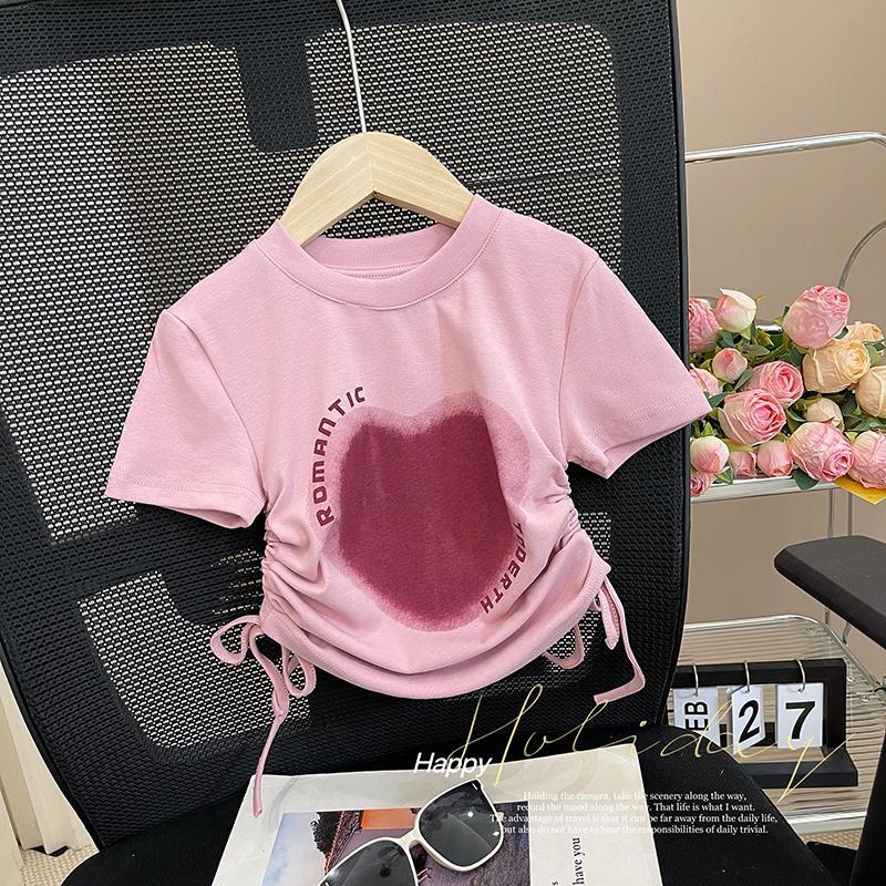 Áo Thun Tay Ngắn Vải Cotton Phối Dây Rút In Hoạt Hình Kiểu Hàn Quốc Thời Trang Mùa Hè Cho