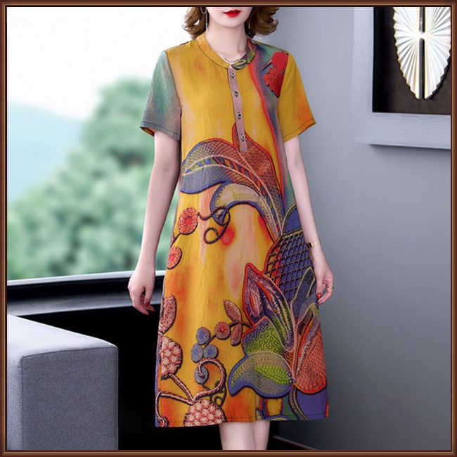 Đầm Chữ A Tay Ngắn Cổ Chữ V In Họa Tiết Hoa Phong Cách Retro Dành Cho Nữ