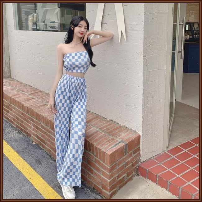 Set Đồ Mùa Hè 2 Món Gồm Áo Crop Top Ống Ôm Xếp Ly Kẻ Sọc + Quần Dài Ống Rộng Cho Nữ