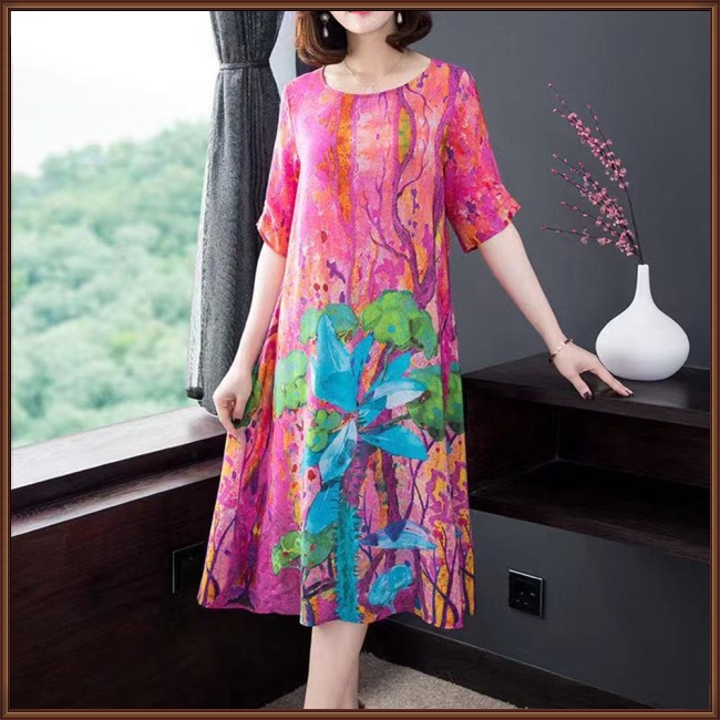 Đầm Tay Ngắn Cổ Tròn Dáng Rộng Chất Liệu Lụa Lạnh In Họa Tiết Thời Trang Cho Nữ