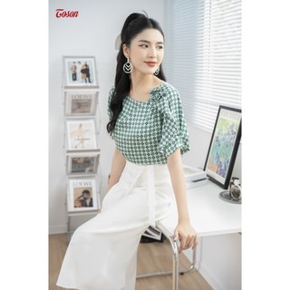 Áo sơ mi lụa họa tiết xanh cổ tròn đính hoa quấn Toson 14033X63