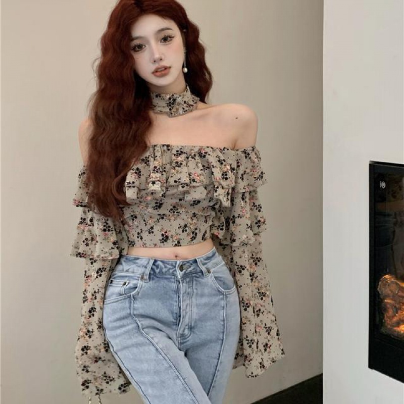 New French flounced floral shirt one-shoulder chiffon long-sleeved shirt off-shoulder sexy short printed shirt