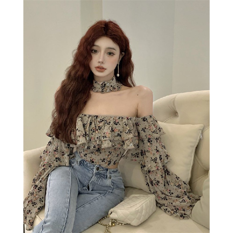 New French flounced floral shirt one-shoulder chiffon long-sleeved shirt off-shoulder sexy short printed shirt