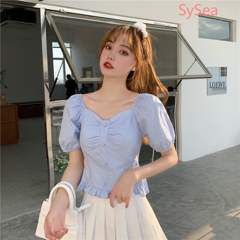 Áo Kiểu Tay Phồng Cổ Vuông Phong Cách Retro Pháp Cho Nữ