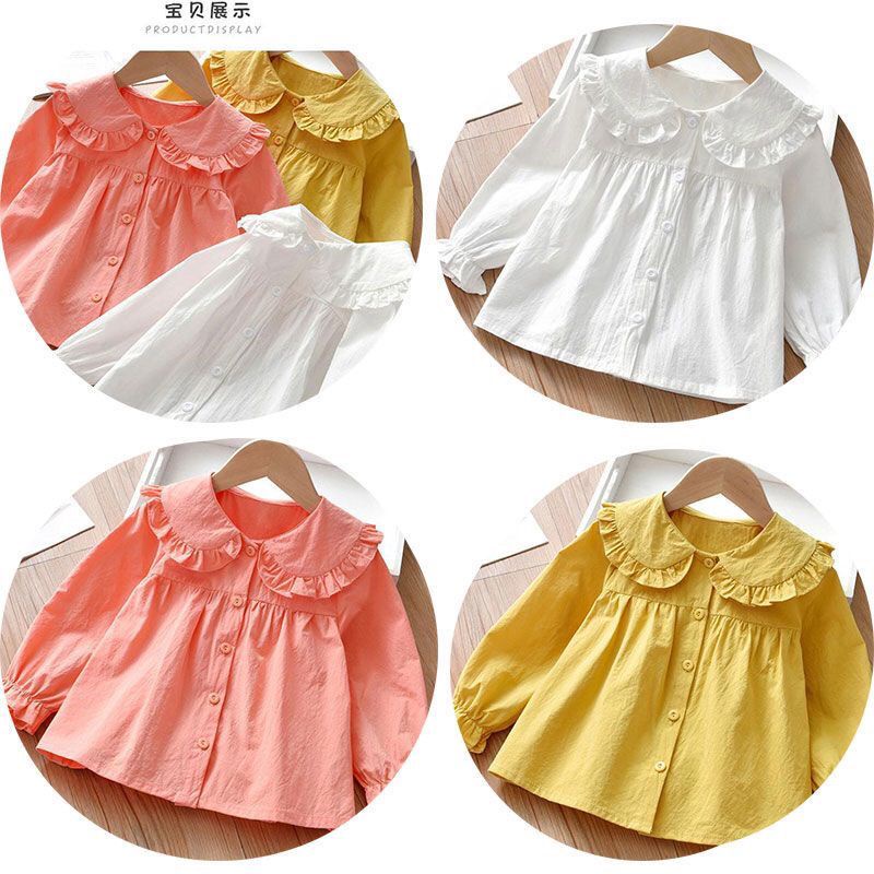 Áo Sơ Mi Tay Dài Cổ Búp Bê Màu Sắc Trơn Phong Cách Hàn Quốc Thời Trang Mùa Thu Xinh Xắn Cho Bé Gái