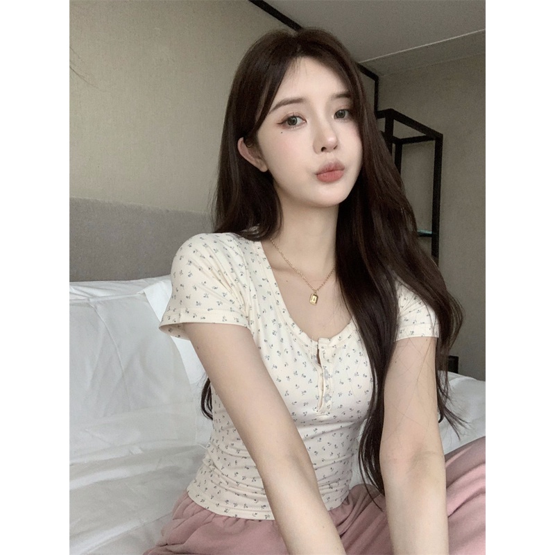 Áo Thun Cotton Ngắn Tay Cổ Tròn Lưng Cao Họa Tiết Hoa Thời Trang Cho Nữ