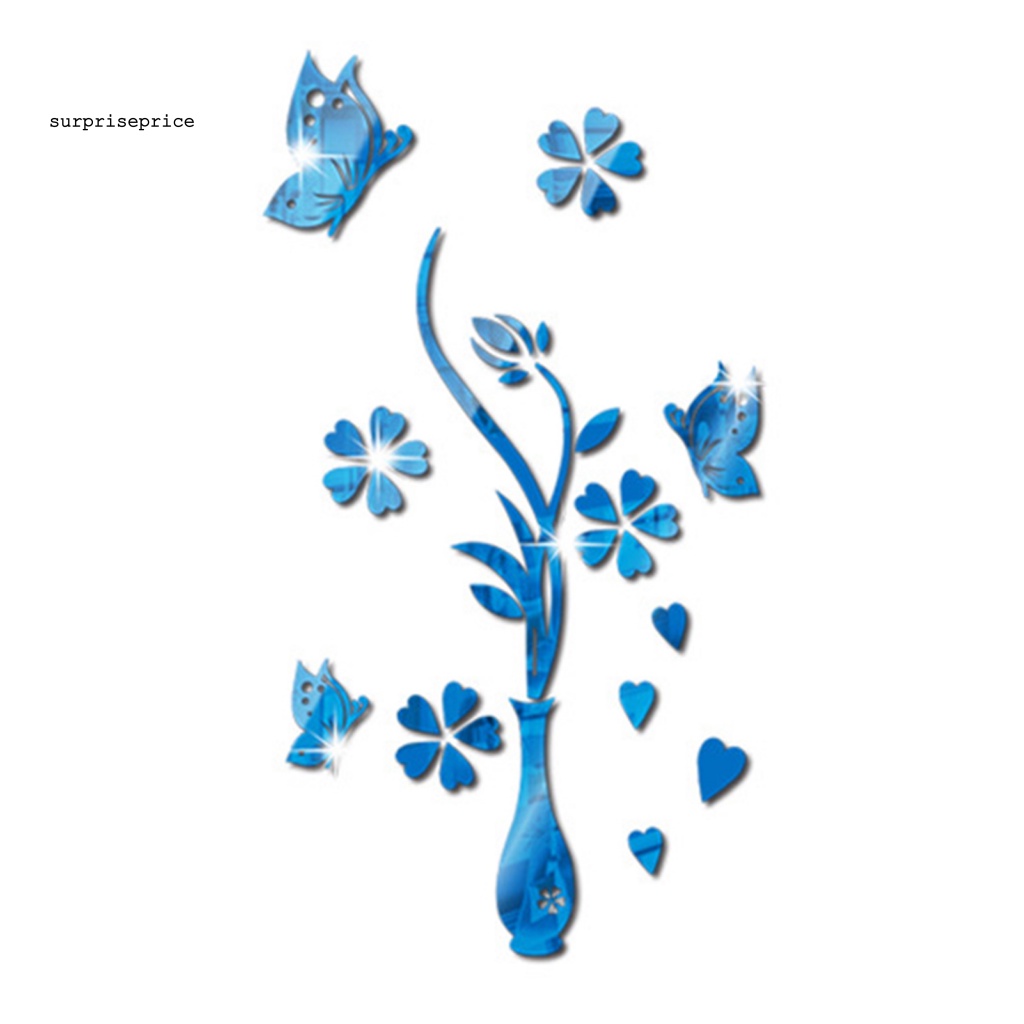 Sticker Dán Tường Bằng Acrylic Mặt Gương Hình Lọ Hoa Và Bướm Trang Trí Nhà Cửa