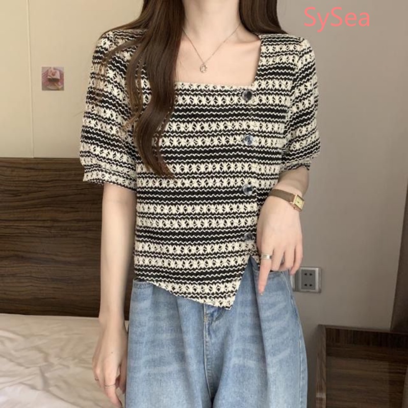 Áo Dệt Kim Tay Phồng Kẻ Sọc Thời Trang Mùa Hè Cho Nữ