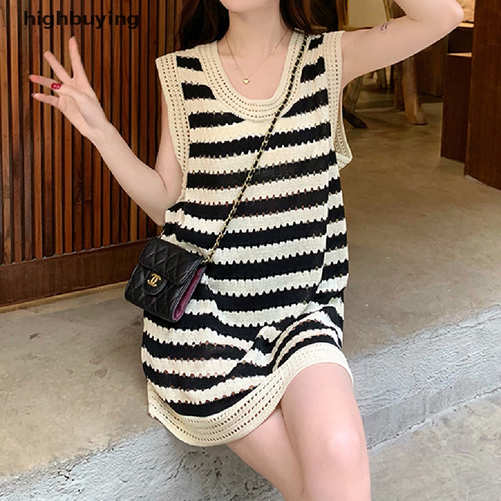 Đầm Dệt Kim Không Tay Cổ Tròn Họa Tiết Kẻ Sọc Belle Y2K Phong Cách Hàn Quốc