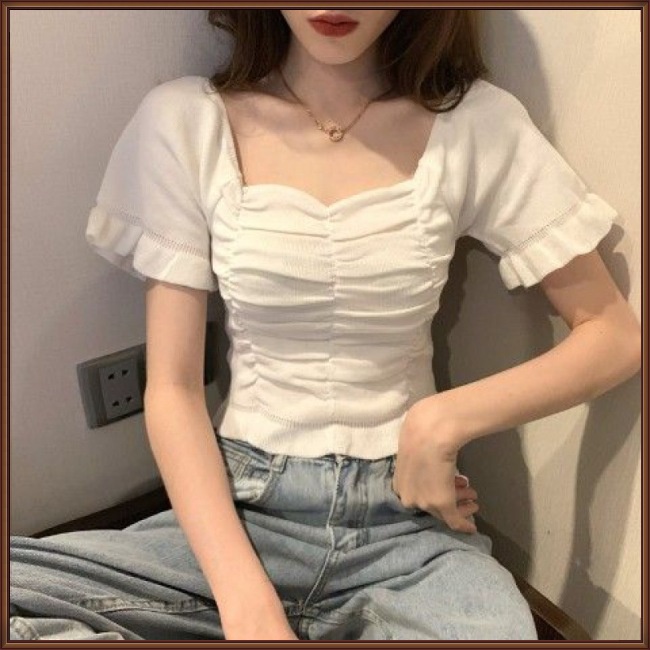 Áo Thun Dệt Kim Tay Ngắn Cổ Vuông Màu Sắc Đơn Giản Thời Trang Mùa Hè Cho Nữ