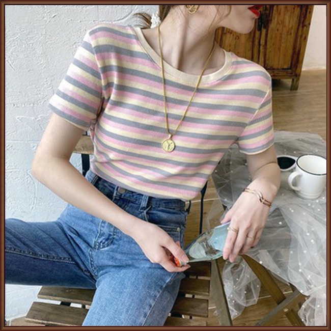 Áo Thun Tay Ngắn Cổ Tròn Dáng Ôm Thoáng Khí In Họa Tiết Kẻ Sọc Cổ Điển Thời Trang Cho Nữ