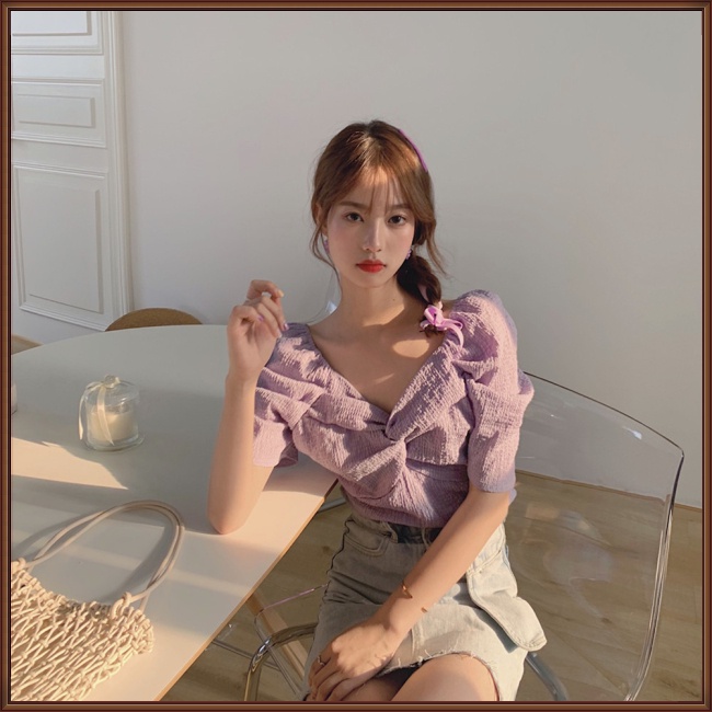 Áo Chiffon Cổ Vuông Tay Phồng Màu Sắc Đơn Giản Thời Trang Cho Nữ