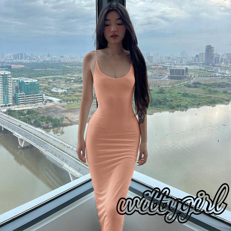 Đầm Dài Dáng Ôm Không Tay Màu Trơn Thời Trang Mùa Hè Dành Cho Nữ