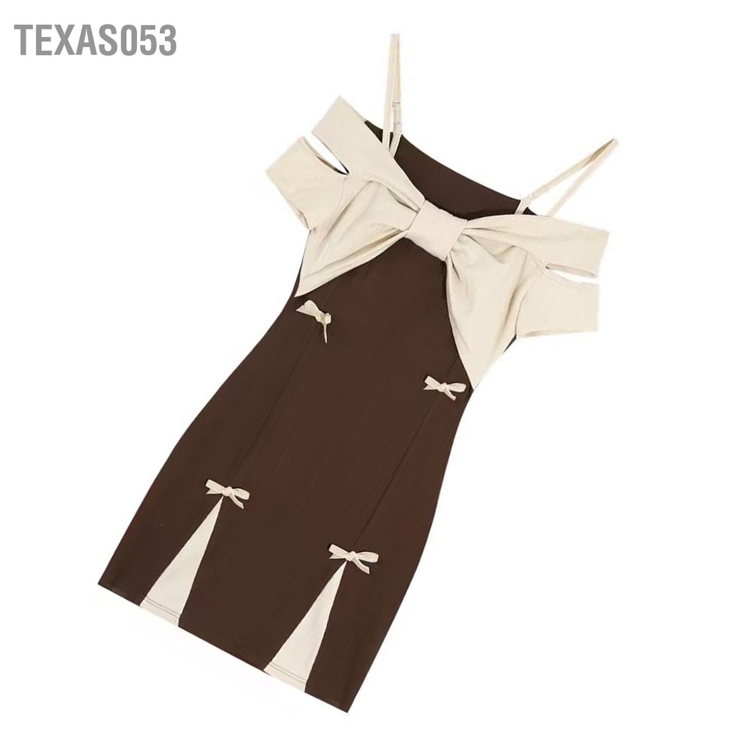 Texas053 Đầm Trễ Vai Nữ Tay Ngắn Màu Tương Phản Trang Trí Thắt Nơ Hông