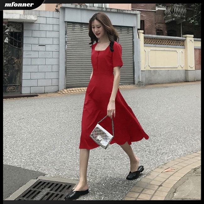 Đầm Chữ A Tay Ngắn Cổ Vuông Eo Cao Màu Trơn Thời Trang Dành Cho Nữ
