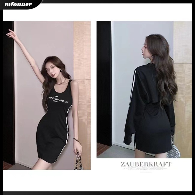 Set Đầm 2 Món Phối Áo Sơ Mi Sát Nách Cổ Tròn Eo Cao Thời Trang Cho Bạn Gái