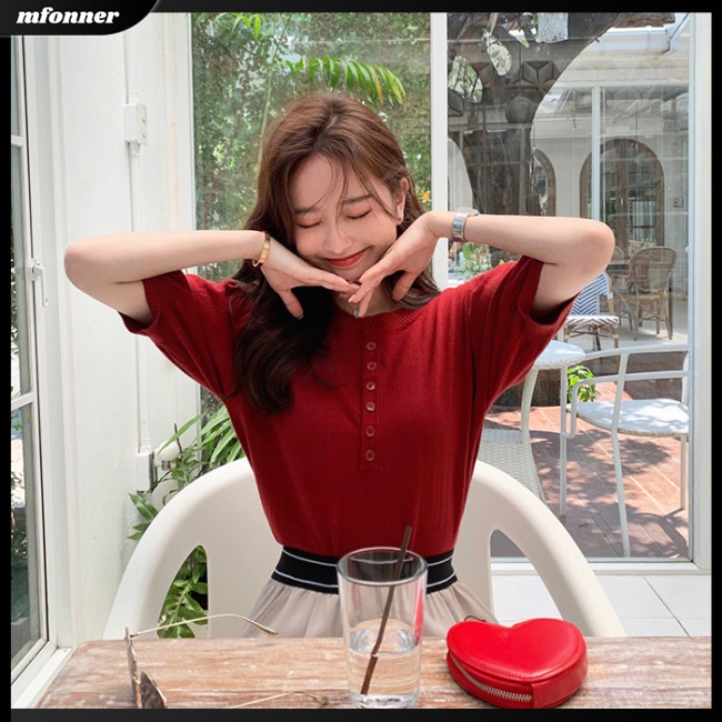 Áo Dệt Kim Tay Ngắn Cổ Tròn Màu Sắc Đơn Giản Cho Nữ