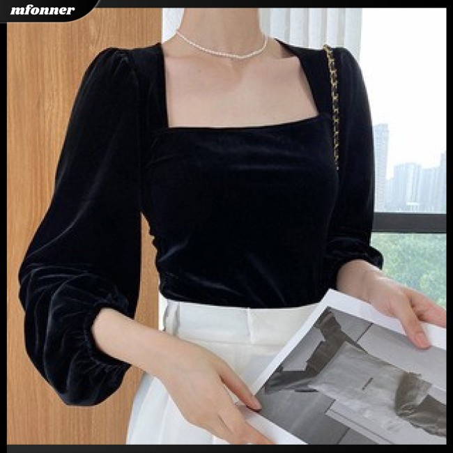 Áo Croptop Cổ Vuông Tay Phồng Ôm Dáng Thời Trang Cho Nữ