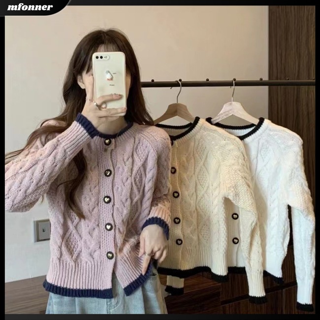 Áo Cardigan Dệt Kim Tay Dài Cổ Tròn Màu Sắc Tương Phản Thời Trang Cho Nữ