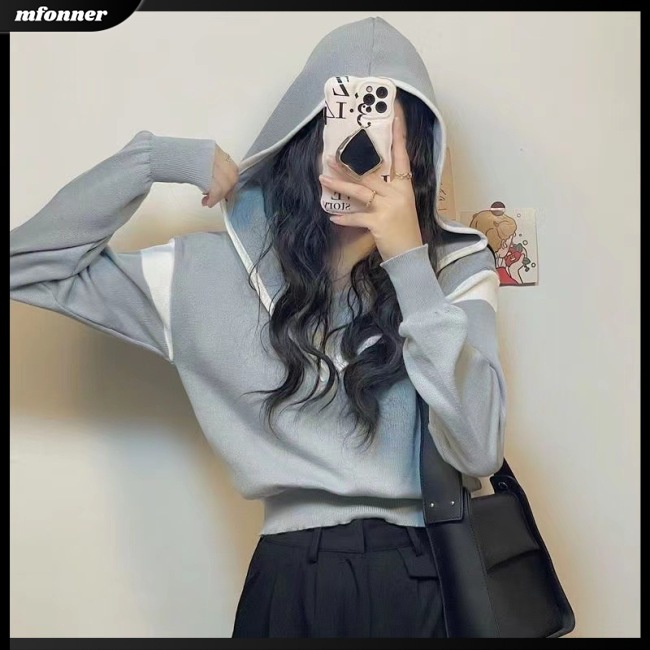 Áo Hoodie Dệt Kim Tay Dài Màu Sắc Tương Phản Thời Trang Cho Nữ