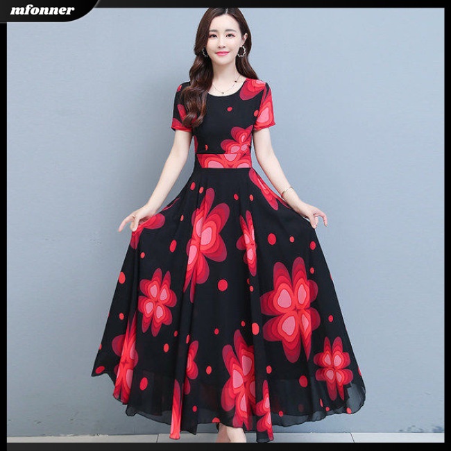 Đầm Voan Hoa Ngắn Tay Cổ Tròn Ôm Eo Thời Trang Mùa Hè Dành Cho Nữ