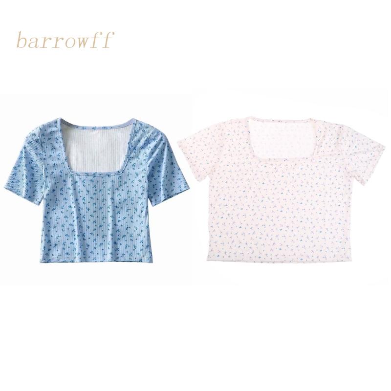 Áo Croptop Tay Ngắn Cổ Vuông In Họa Tiết Hoa Thời Trang Cho Nữ