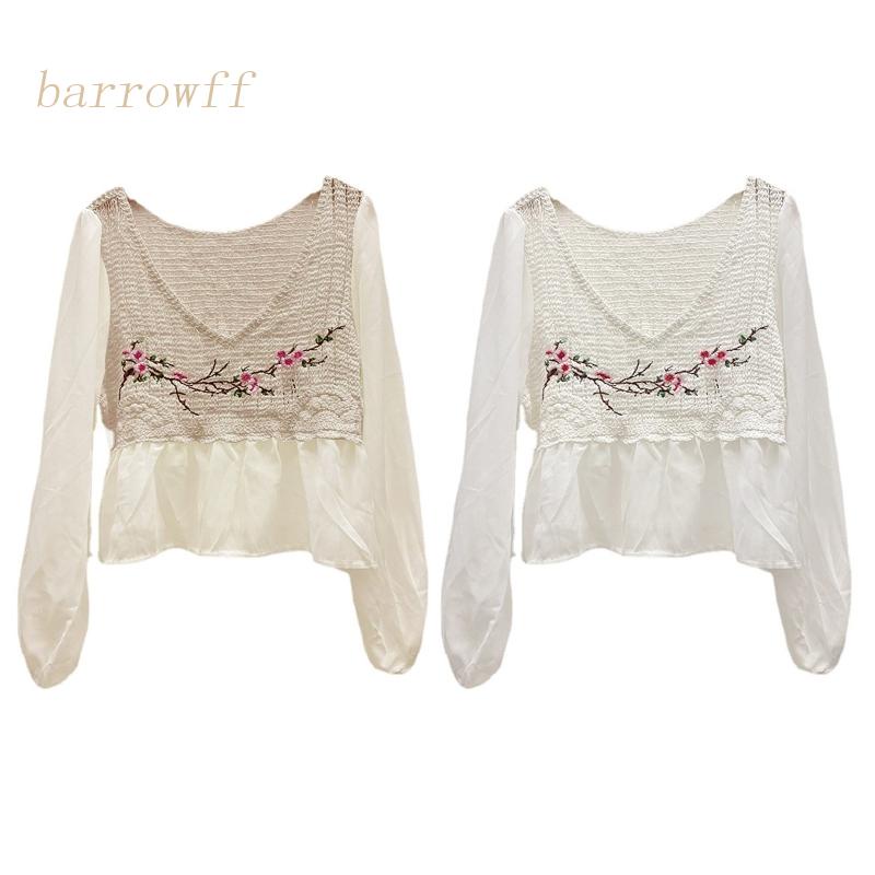 Brroa Áo Thun Đan Móc Tay Phồng Thêu Hoa Kiểu Retro Cho Nữ