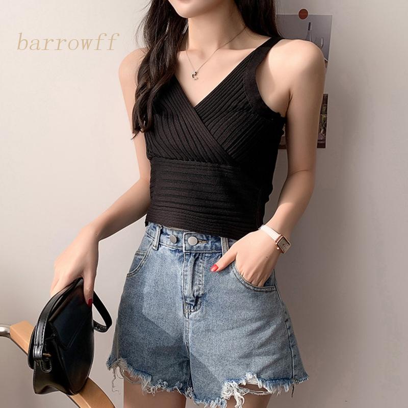 Áo Croptop Dệt Kim Không Tay Cổ Chữ V Sâu Màu Trơn Họa Tiết Kẻ Sọc Màu Sắc Thời Trang Cho Nữ