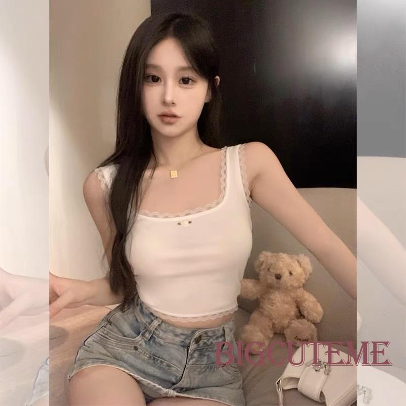 [] Áo Crop Top Không Tay Phối Ren Hoa Hồng 3D Thời Trang Mùa Hè Cho Nữ