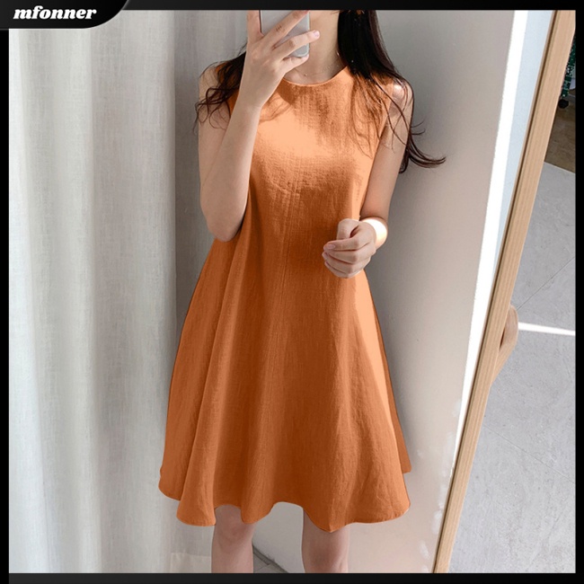 Đầm Chữ A Vải Lanh Cotton Sát Nách Cổ Tròn Màu Sắc Đơn Giản Cho Nữ