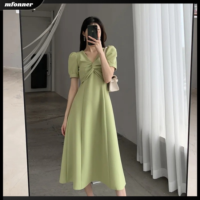 Đầm Midi Chữ A Tay Ngắn Phồng Cổ Chữ V Màu Trơn Thời Trang Mùa Hè Cho Nữ