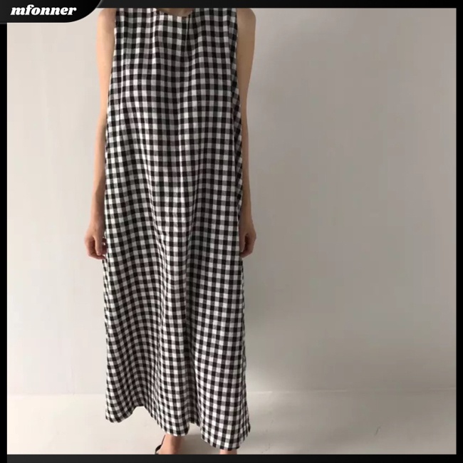 Đầm Cotton Lanh Sát Nách Cổ Tròn Dáng Rộng Sọc Ca Rô Cổ Điển Cho Nữ