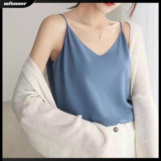 Áo Tank Top Dệt Kim Dáng Rộng Cổ Chữ V Màu Trơn Thời Trang Quyến Rũ Cho Nữ