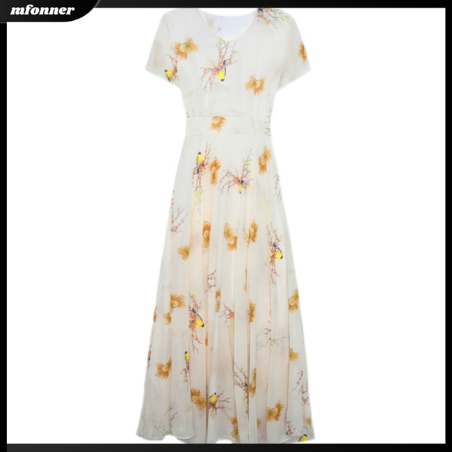 Đầm Midi Ngắn Tay Cổ Tròn Eo Cao in Hoa Thời Trang Dành Cho Nữ
