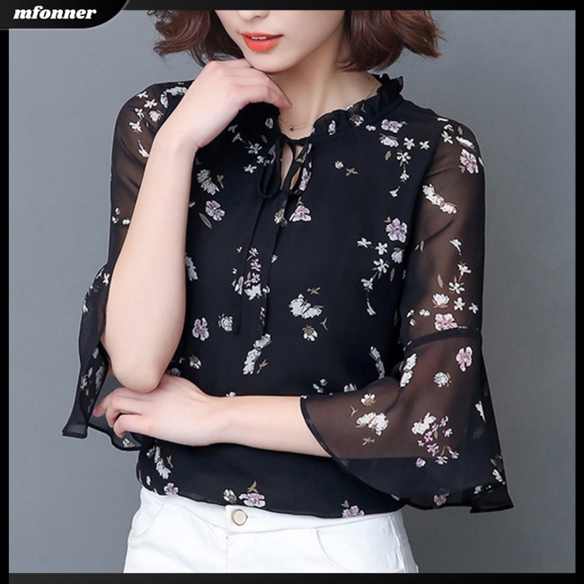 Áo Sơ Mi Chiffon Tay Lỡ Cổ Đứng Dáng Rộng In Họa Tiết Hoa Thanh Lịch Cho Nữ