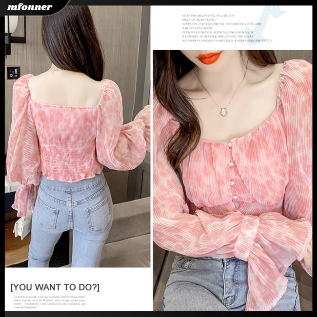 Áo Voan Cổ Vuông Tay Loe Xếp Ly In Họa Tiết Phong Cách Pháp Cổ Điển Thời Trang Cho Nữ