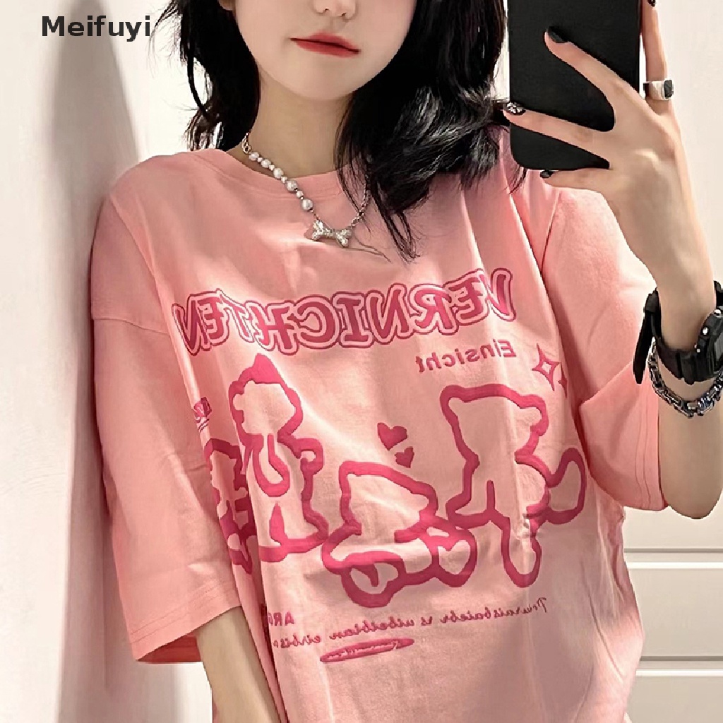 Áo Thun Tay Ngắn Cổ Tròn Dáng Rộng In Hình Gấu Kiểu Retro Mỹ Xinh Xắn Cho Nữ