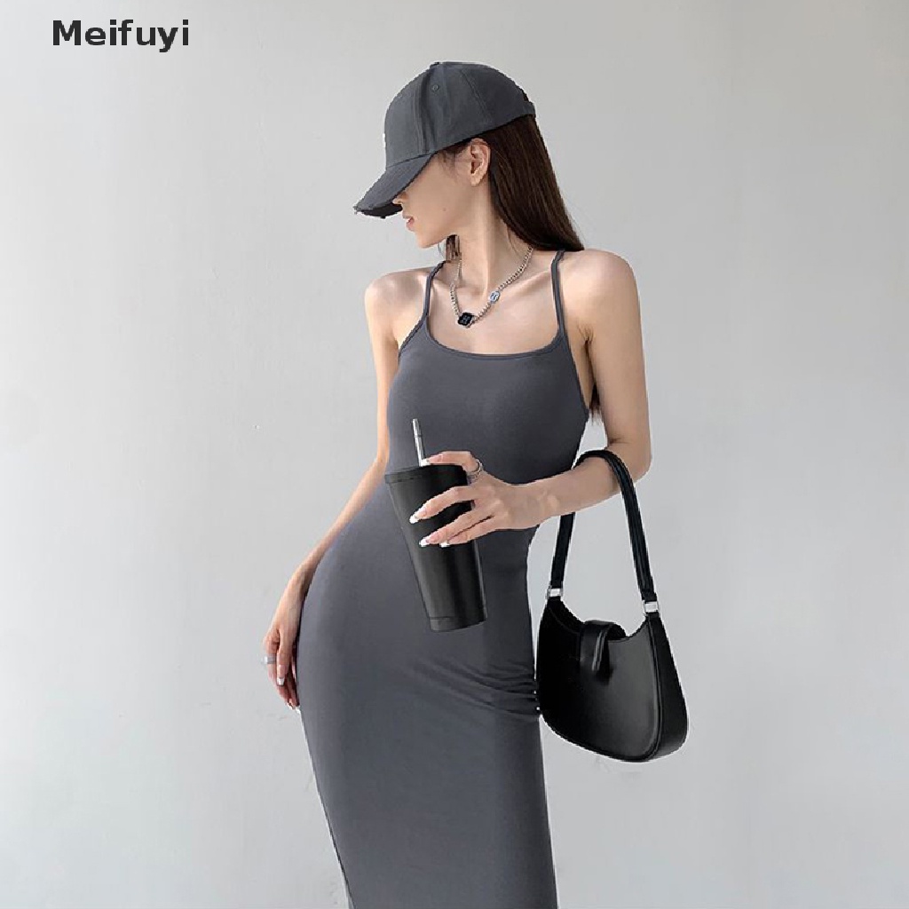 [Meifuyi] Đầm Dài Ôm Dáng Màu Trơn Dây Đan Chéo Hở Lưng Mùa Hè Quyến Rũ Cho Nữ