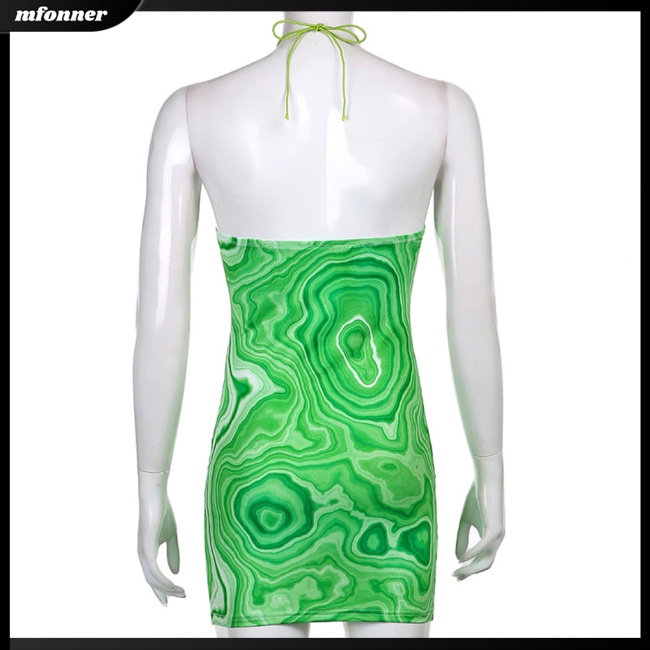 Đầm Ngắn Cổ Yếm Hở Lưng Ôm Dáng In Họa Tiết Trừu Tượng Quyến Rũ Cho Nữ